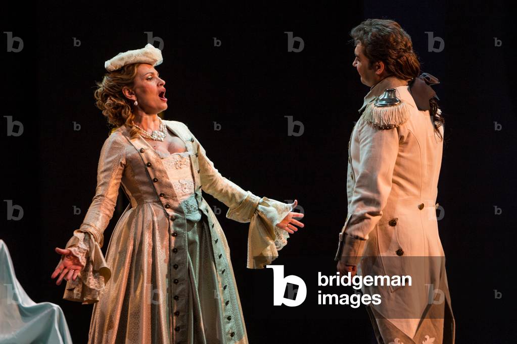 Ainoha Arteta as Adriana and Teodor Ilincai as Maurizio in the opera 'Adriana Lecouvreur', at the Teatro de la Maestranza, Seville, May 2018 (photo)