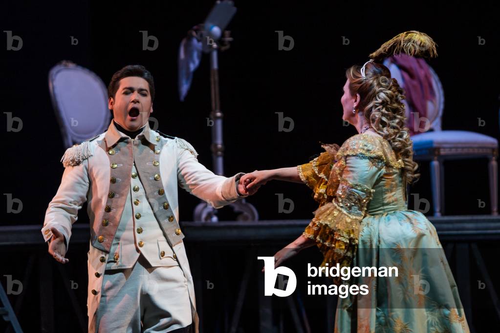 Ainoha Arteta as Adriana and Teodor Ilincai as Maurizio in the opera 'Adriana Lecouvreur', at the Teatro de la Maestranza, Seville, May 2018 (photo)