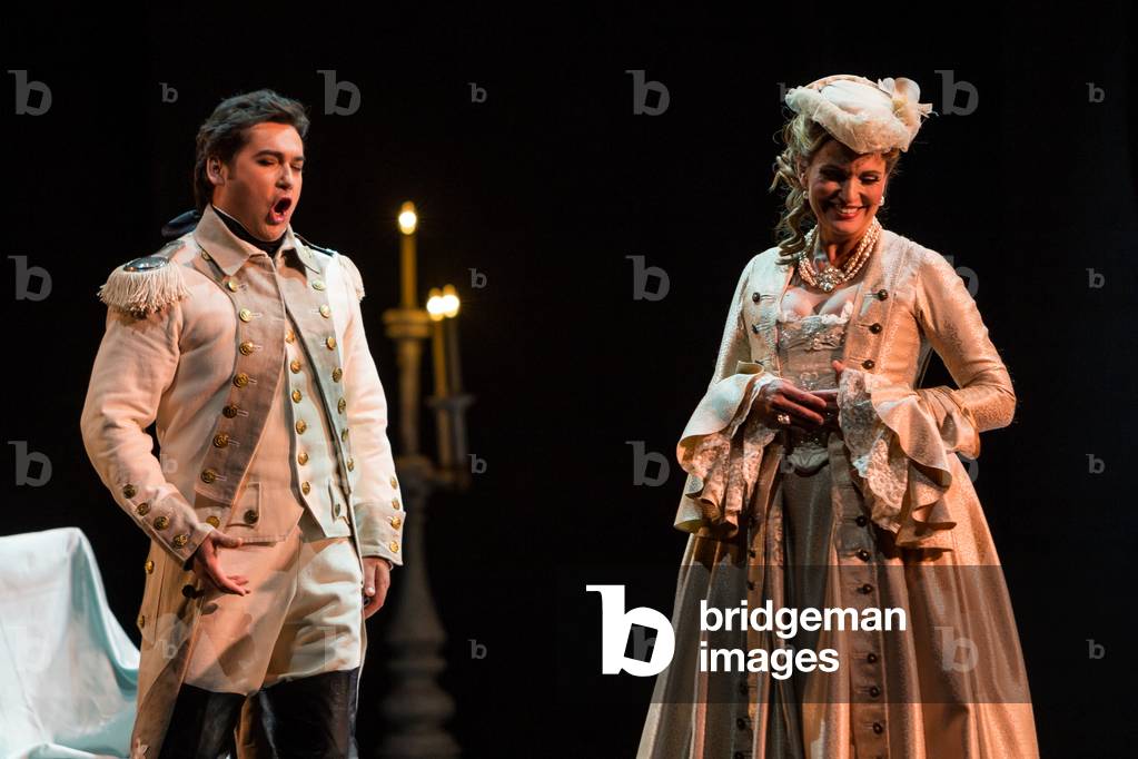 Ainoha Arteta as Adriana and Teodor Ilincai as Maurizio in the opera 'Adriana Lecouvreur', at the Teatro de la Maestranza, Seville, May 2018 (photo)