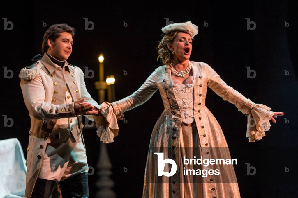 Ainoha Arteta as Adriana and Teodor Ilincai as Maurizio in the opera 'Adriana Lecouvreur', at the Teatro de la Maestranza, Seville, May 2018 (photo)