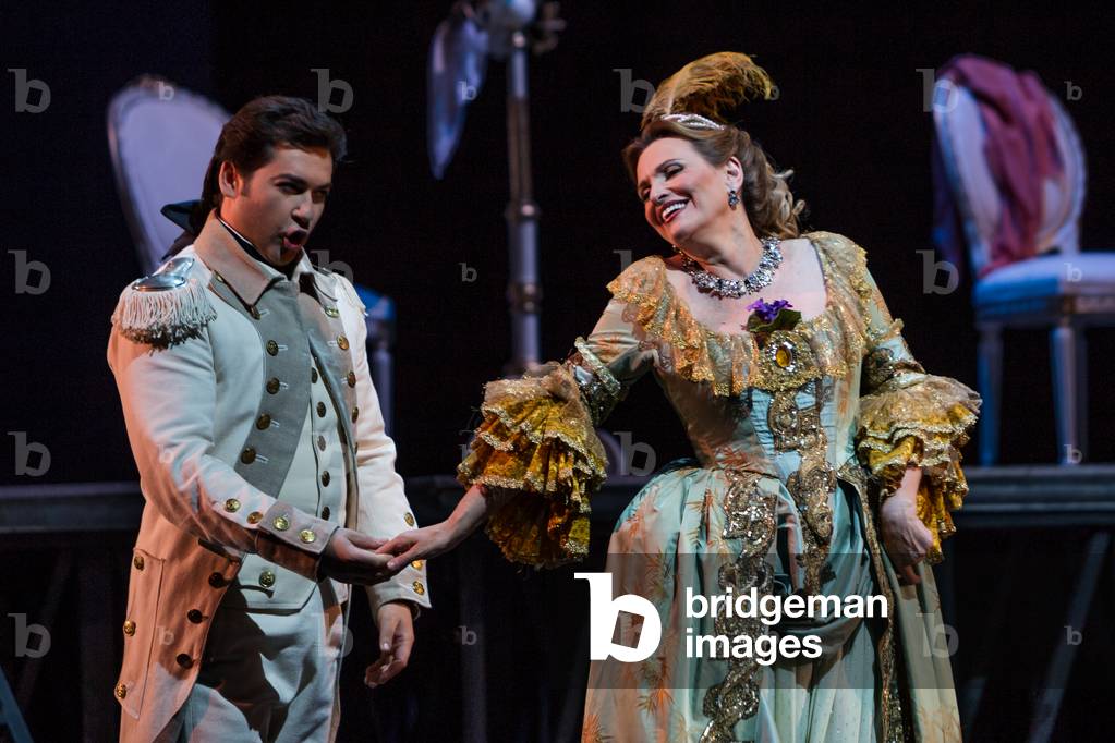 Ainoha Arteta as Adriana and Teodor Ilincai as Maurizio in the opera 'Adriana Lecouvreur', at the Teatro de la Maestranza, Seville, May 2018 (photo)