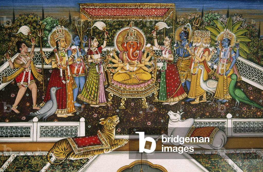 Lord Ganesh Ganpati with Brahma, Vishnu, Shiva, Durga, Miniature Painting on Paper