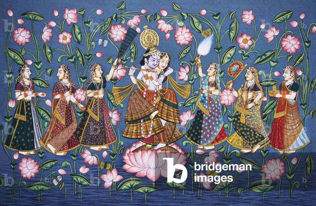 Radha Krishna with Sakhis Miniature Painting on Paper