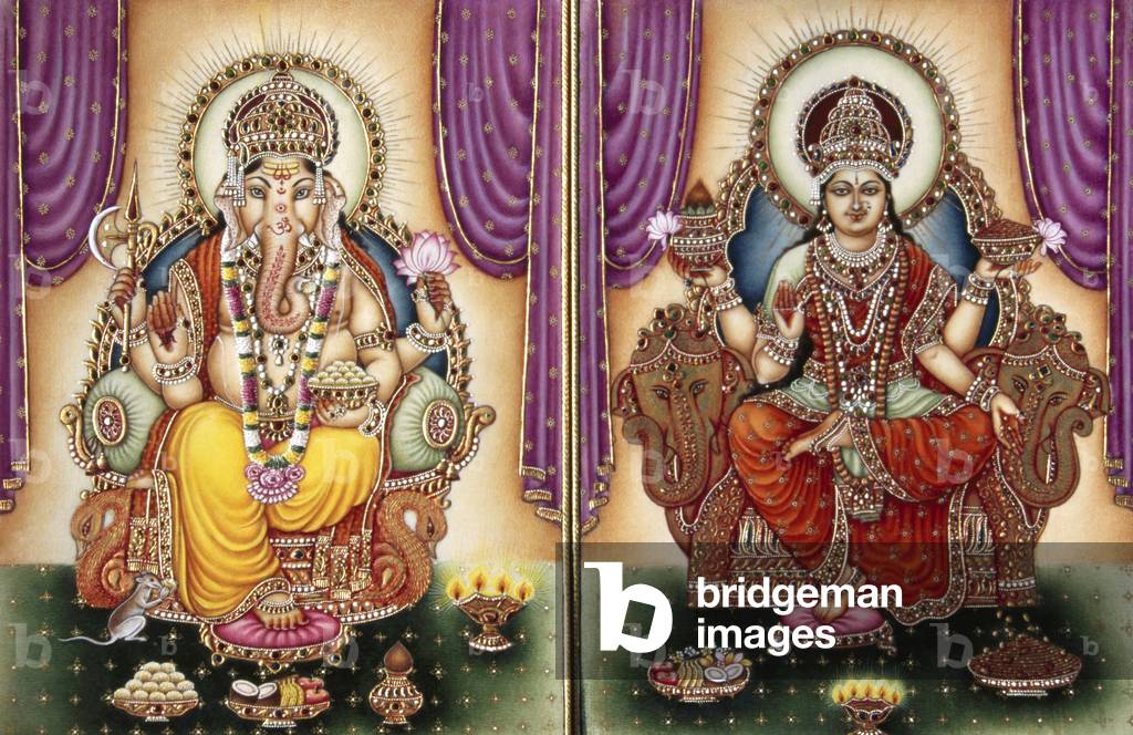 Lord Ganesh Ganpati Goddess and Lakshmi Miniature Painting on Ivory