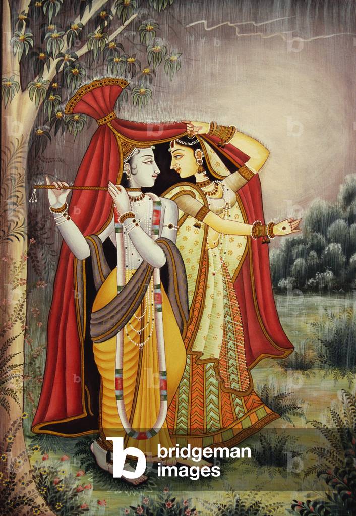 Radha Krishna Miniature Painting in Monsoon on Paper