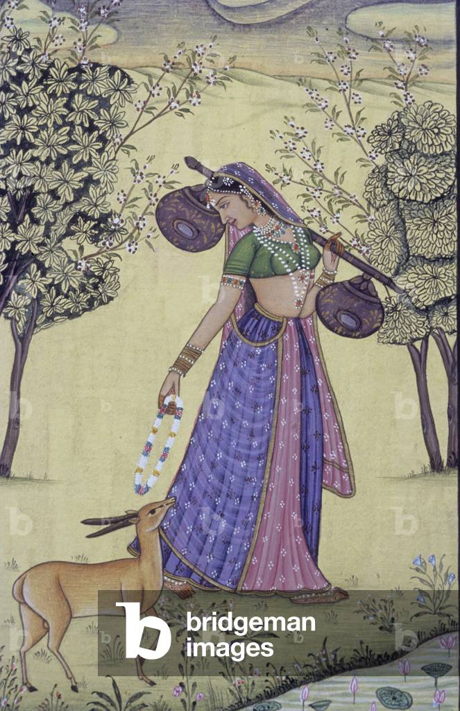 Woman Holding Rudra Veena and Flower Garland Miniature Painting, India
