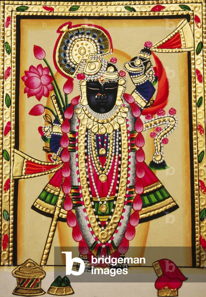 Shri Lord Shree Nathji Or Shreenathji at Nathdwara Miniature Painting on Paper with Gold Embossing
