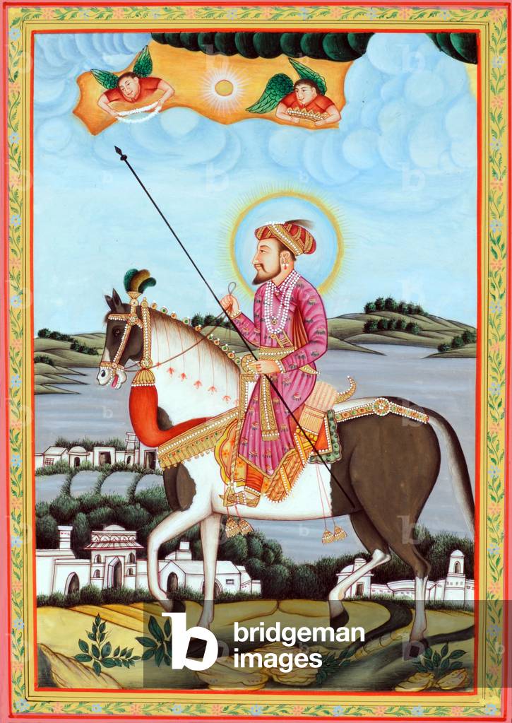 Miniature Painting of Mughal Emperor Shah Jahan Sitting on Horse