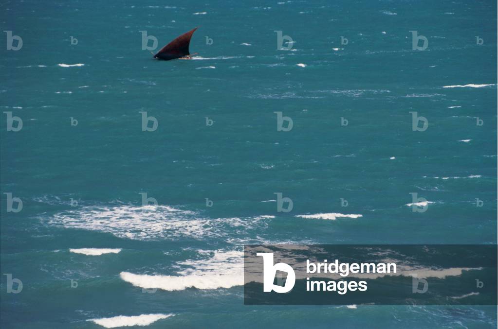 Fishing boat with brown sail in sea (photo)