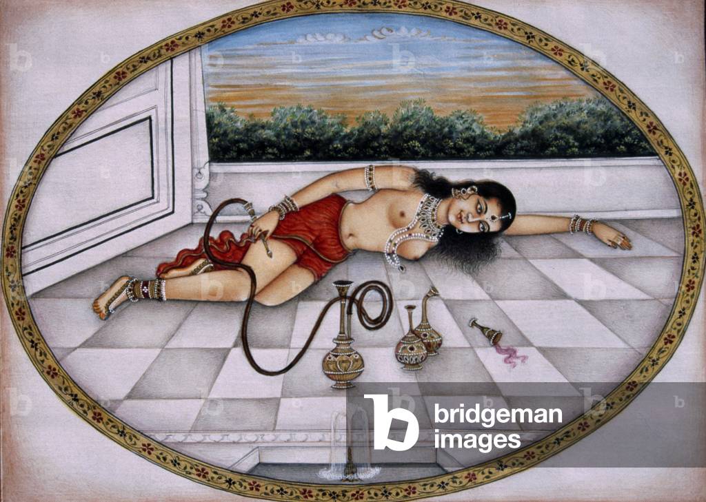 Lady Enjoying Hookah and Drink Miniature Painting on Paper