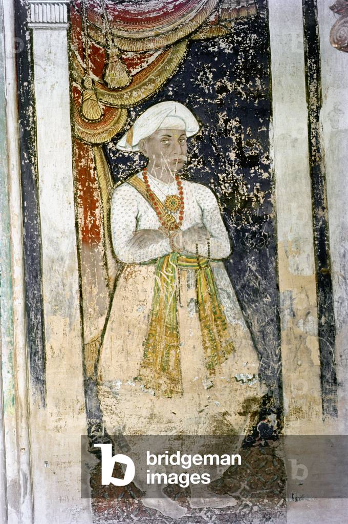 Mural of Kalerao Appa or Chinnanna in Maratha Darbar Hall at Thanjavur Palace, Tanjore, Tamil Nadu, India 