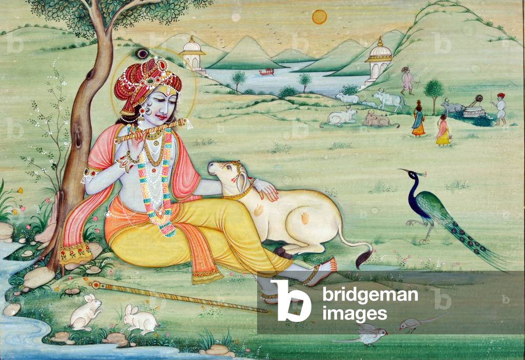 Miniature Painting of Krishna Playing Flute