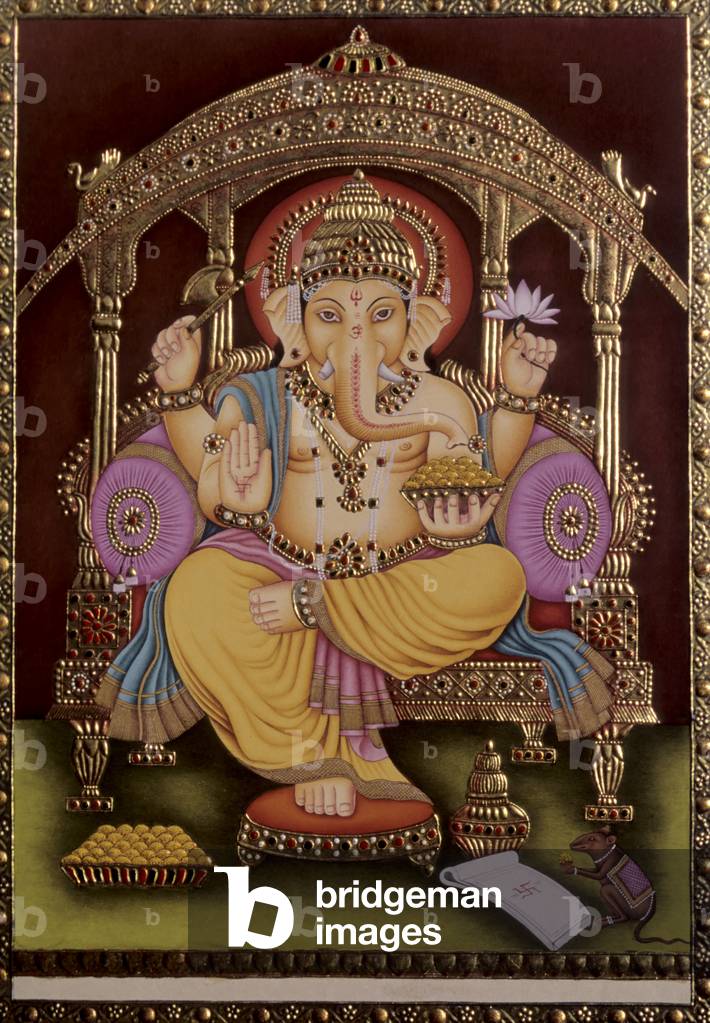 Lord Ganesh Ganpati Miniature Painting on Paper with Gold Embossing