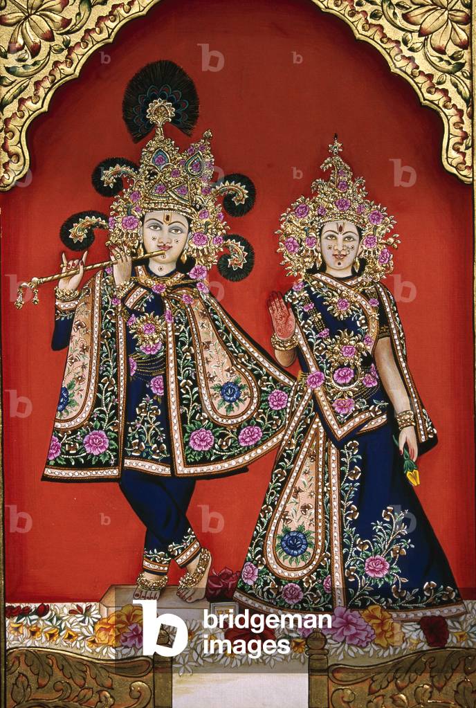 Radha Krishna Miniature Painting on Paper Golden Embossing
