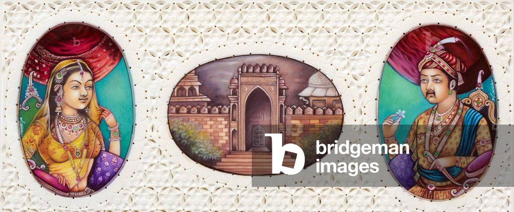 Miniature Painting of Mughal Emperor Akbar with Wife Jodha Bai