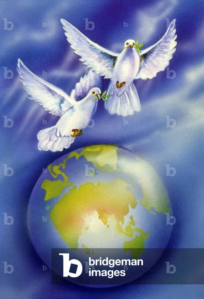 Miniature Painting of Doves, Lovers, Symbol of Peace