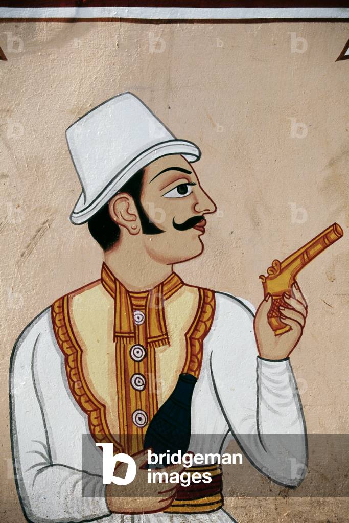 Wall Painting of British Soldier Holding Pistol, Jaipur, Rajasthan, India