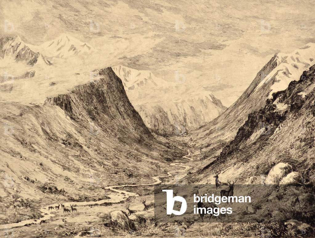 The Highland Dee: Meeting of Garchary and Larig Burns, c.1880 (etching)