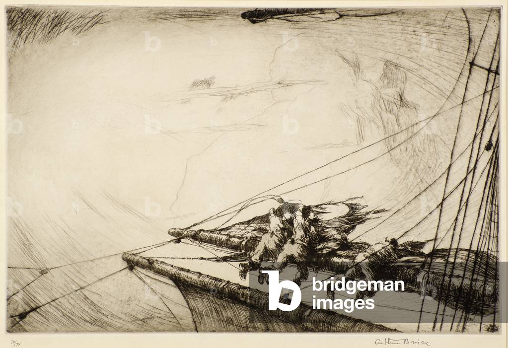 On the Yardarm (Hauling in a torn sail) (etching)