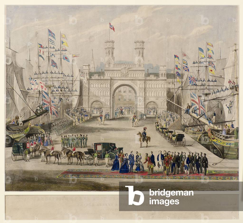 Reception of Queen Victoria, Prince Albert and the Princess Royal in Dundee, 19th century (engraving)