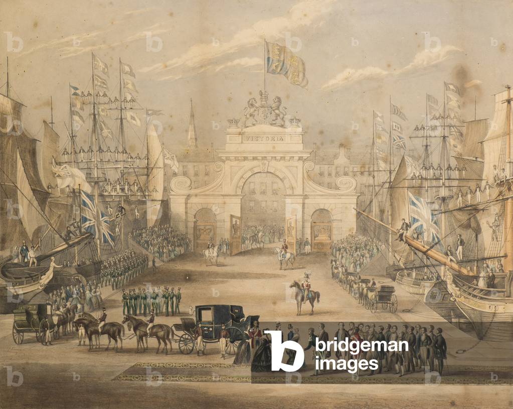 Reception of Queen Victoria, Prince Albert and Princess Royal at Dundee, 19th century (engraving)