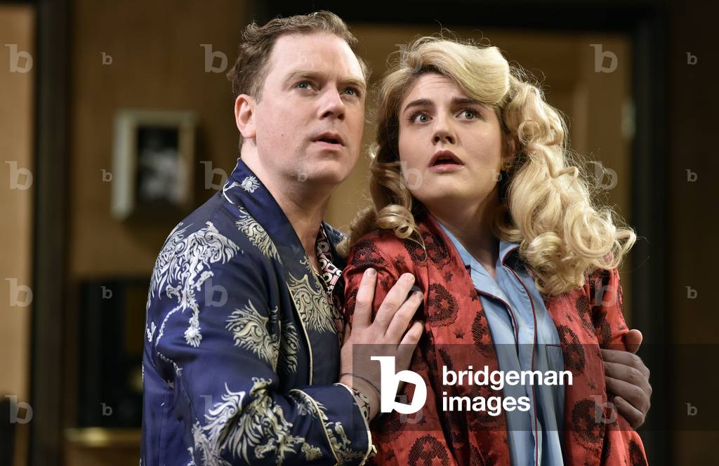 Rufus Hound (Playing Garry Essendine) and Lizzy Connolly (Playing Daphne Stillington) in a scene from Present Laughter by Noel Coward, Chichester Festival Theatre, Sussex, United Kingdom. Wednesday 25 April 2018.