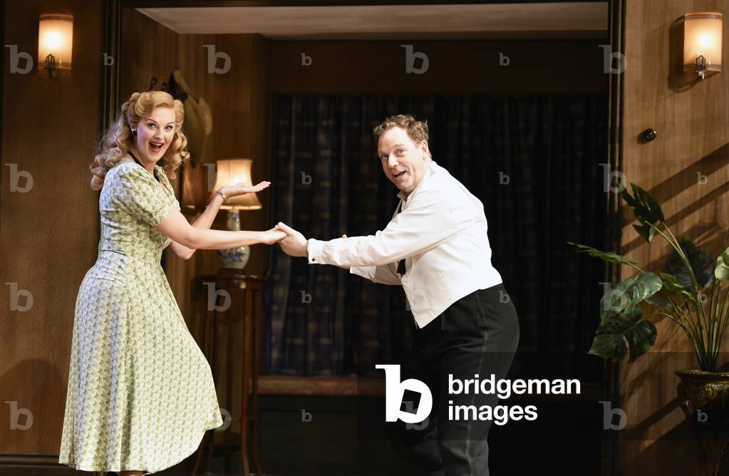 Rufus Hound (playing Garry Essendine) and Katherine Kingsley (playing Liz Essendine) in a scene from Present Laughter by Noel Coward, Chichester Festival Theatre, Chichester, Sussex, United Kingdom. Wednesday 25 April 2018.