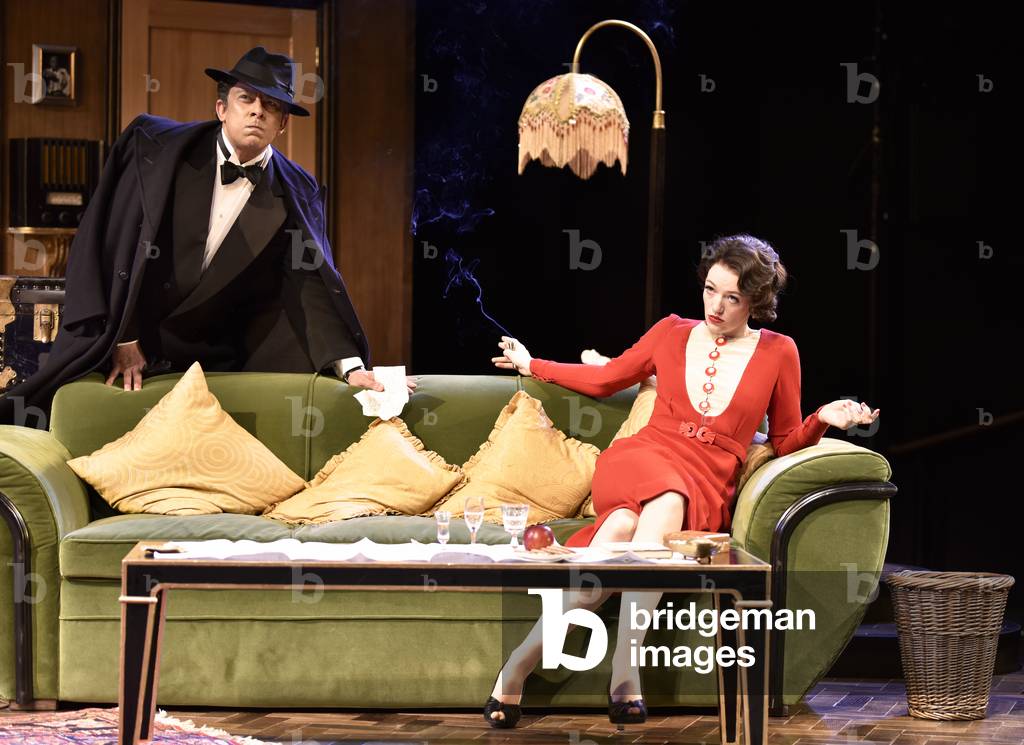 Emilio Doorgasingh (playing Henry Lyppiatt) and Lucy Briggs-Owen (playing Joanna Lyppiatt) in a scene from Present Laughter by Noel Coward, Chichester Festival Theatre, Chichester, Sussex, United Kingdom. Wednesday 25 April 2018.
