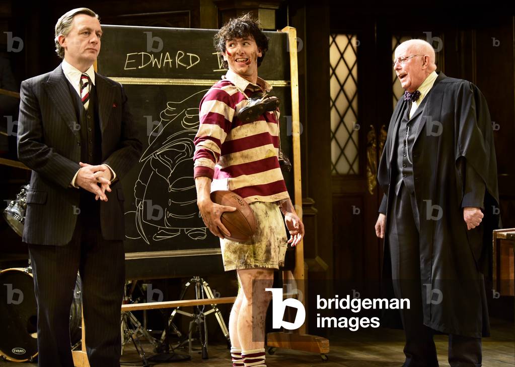 Michael Hamway playing Tredgold (centre, holding rugby ball), Alan Cox as Franklin, the new headmaster (left) & Richard Wilson (right) as the Headmaster in Alan Bennett's play Forty Years On, Chichester Festival Theatre, Chichester, Sussex, UK. 25.04.2017.