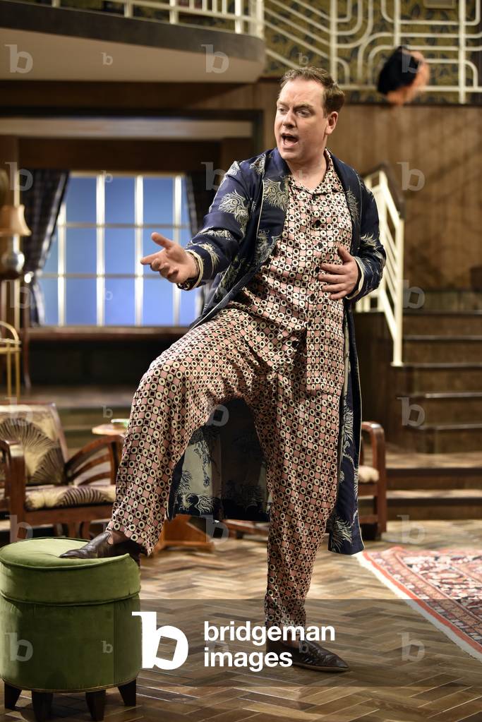 Rufus Hound (Playing Garry Essendine) in a scene from Present Laughter by Noel Coward, Chichester Festival Theatre, Chichester, Sussex, United Kingdom. 25 April 2018.