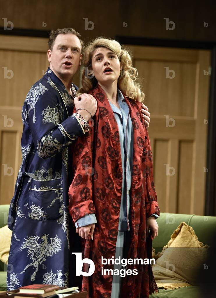 Rufus Hound (Playing Garry Essendine) and Lizzy Connolly (Playing Daphne Stillington) in a scene from Present Laughter by Noel Coward, Chichester Festival Theatre, Chichester, Sussex, United Kingdom. Wednesday 25April 2018.