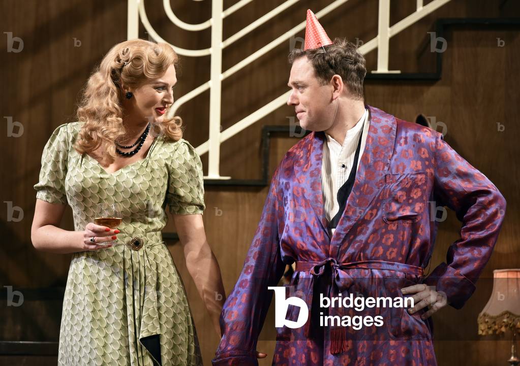Katherine Kingsley (playing Liz Essendine) and Rufus Hound (playing Garry Essendine) in Present Laughter by Noel Coward, Chichester Festival Theatre, Chichester, Sussex, United Kingdom. Wednesday 25 April 2018.