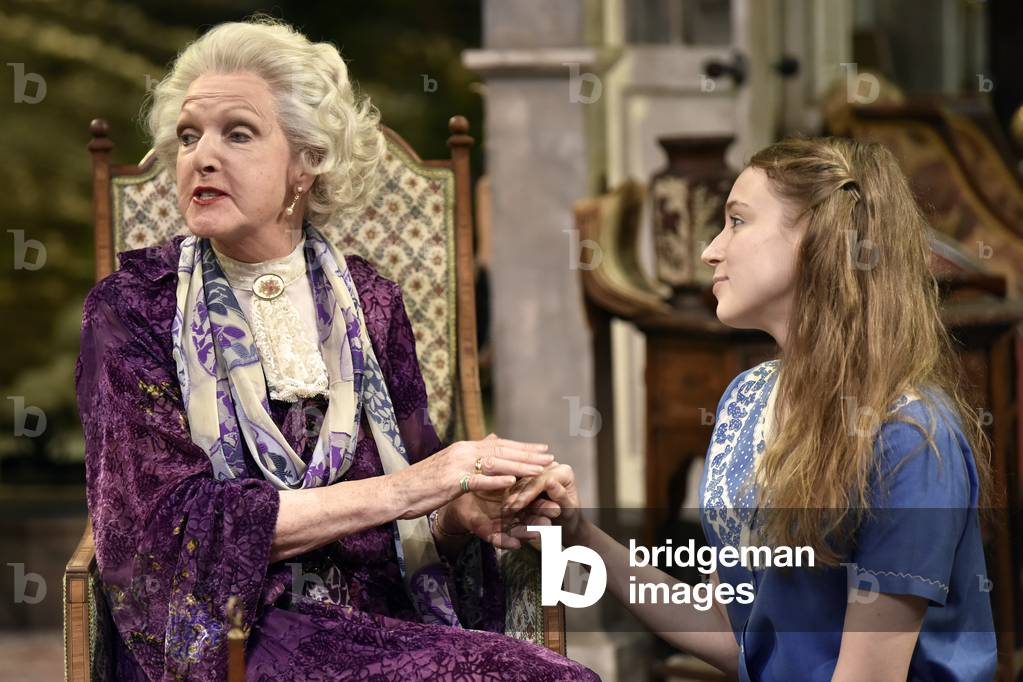 Penelope Keith (left, playing Mrs St Maugham) and Emma Curtis (playing Laurel) in Enid Bagnold's The Chalk Garden, Chichester Festival Theatre, Chichester, Sussex, UK. Wednesday 30 May 2018.