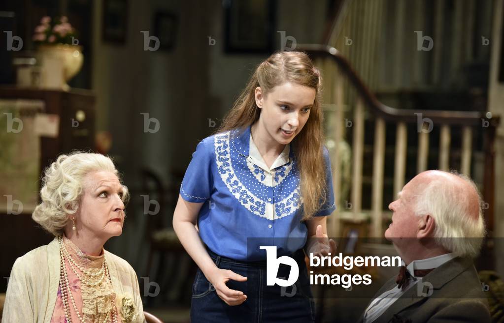 Penelope Keith (left, playing Mrs St Maugham), Emma Curtis (playing Laurel) and Oliver Ford Davies (playing the Judge) in Enid Bagnold's The Chalk Garden, Chichester Festival Theatre, Chichester, Sussex, UK. Wednesday 30 May 2018.