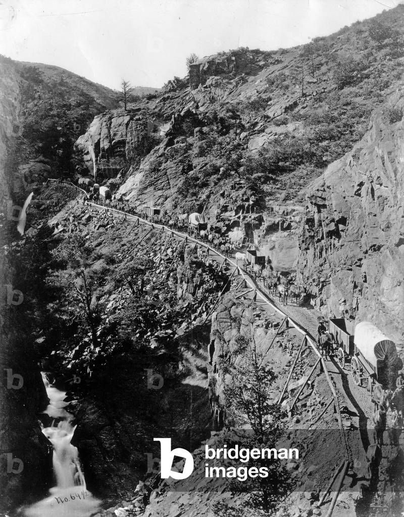 Wagon train on Ute Pass, c.1885-90 (b/w photo)