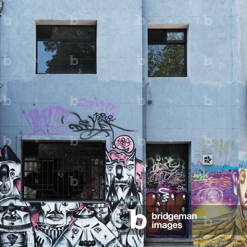Graffiti and artwork painted on building, Santiago, Santiago Metropolitan Region, Chile (photo)