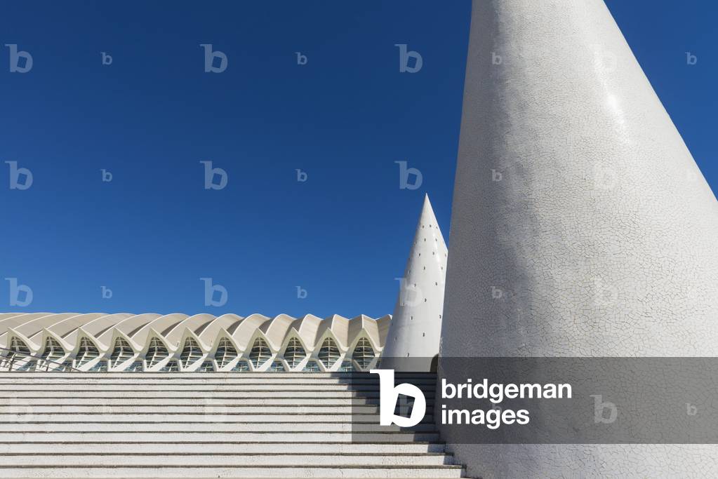 Steps and Cones in Front of El Museu De Les Ciencies in Ciudad De Las Artes Y Las Ciencias (City of Arts and Sciences), Valencia, Spain (photo)