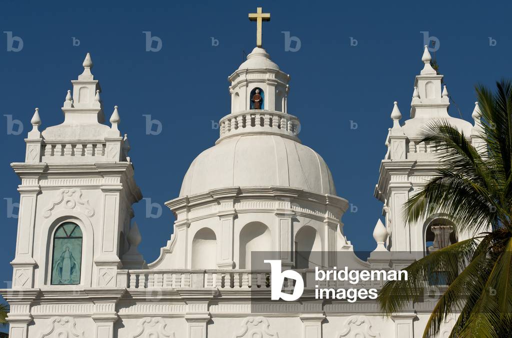 Detail of church surrounded by palm trees, Goa, India (photo)