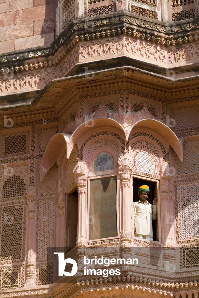 Fort Mehrangarh, Man in Window of Fort Palace, Jaipur, Rajasthan, India (photo)