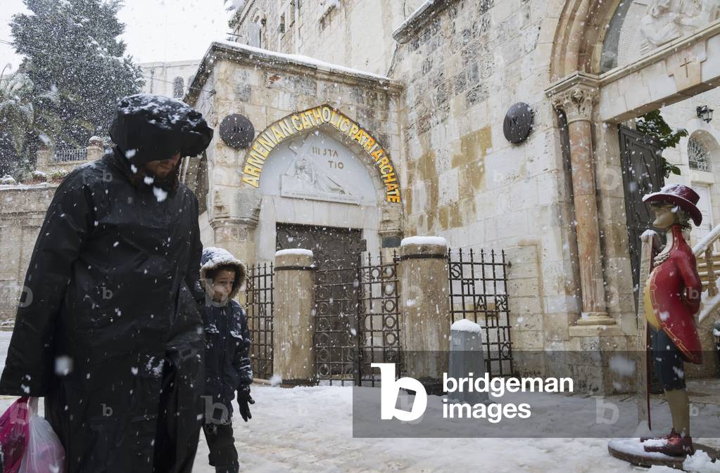 Israel, Third station of Via Dolorosa, Jerusalem, 2013, January 10, Man and boy walking on street (photo)