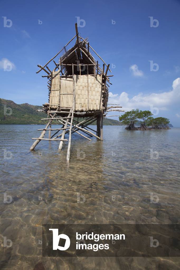 A Small Thatched Stilt House sitting in the Bay Near Vigan, Bacuit Archipelago, Palawan, Philippines (photo)