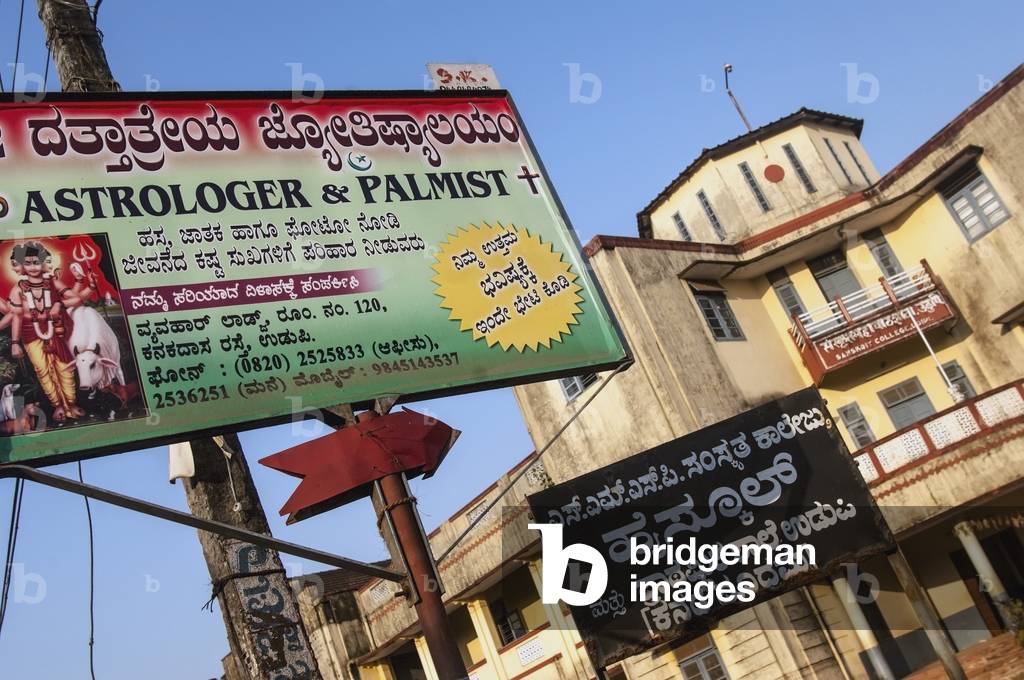 India, Karnataka, Commercial Sign For Astrologer and Palmist, Udupi (photo)