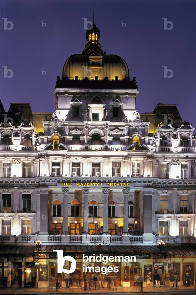 Front view of illuminated Her Majesty's Theatre, London, England, UK (photo)