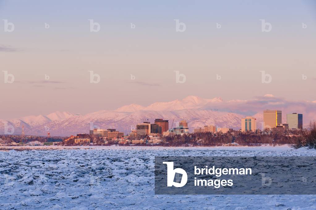Downtown Anchorage seen from Point Woronzoff during Winter, Southcentral Alaska, USA (photo)