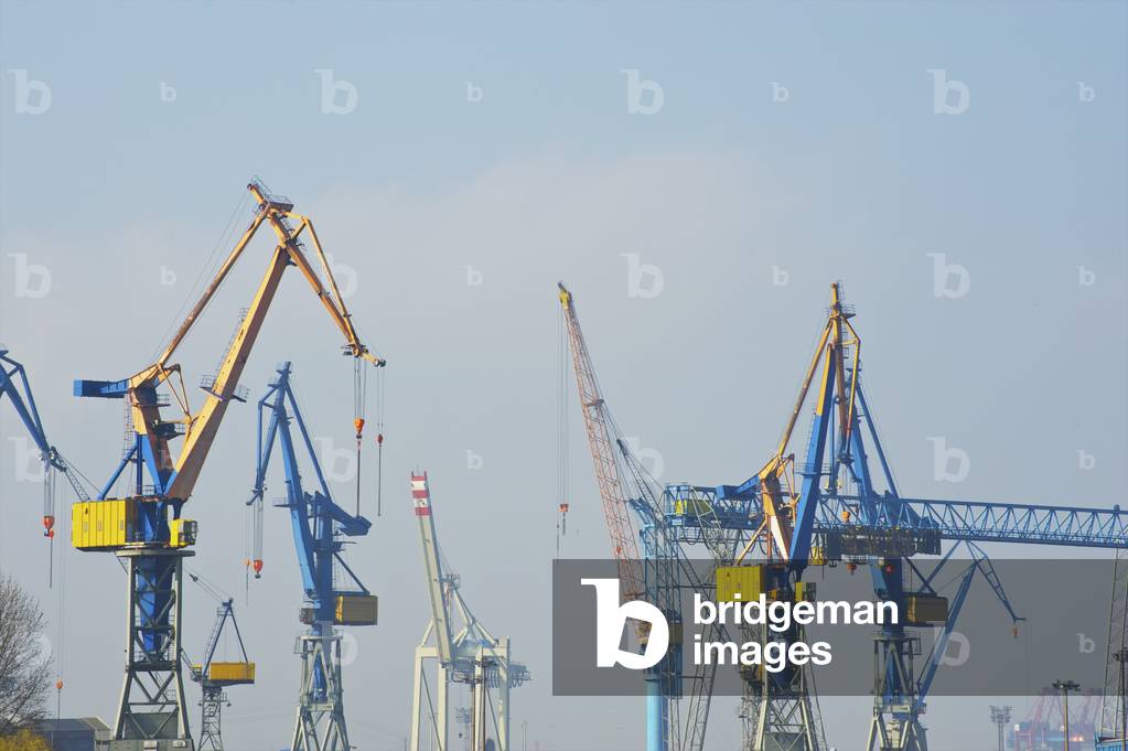 Numerous cranes in the smog filled sky, Hamburg, Germany (photo)