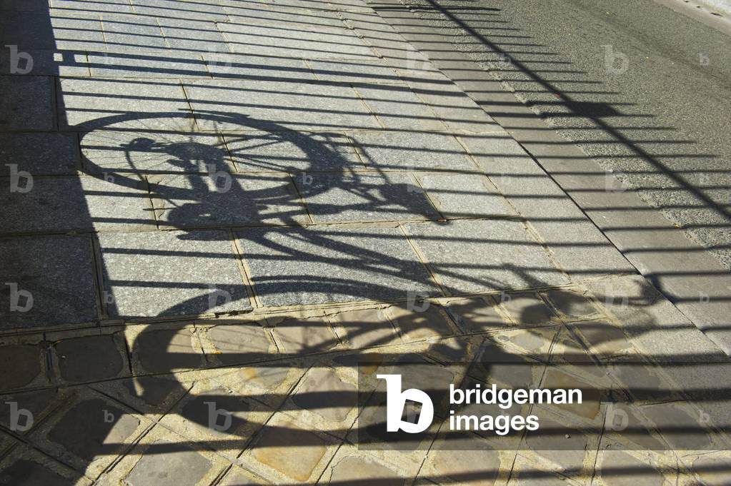 Shadow of a bicycle and fence along a walkway, Marais district, Paris, France (photo)