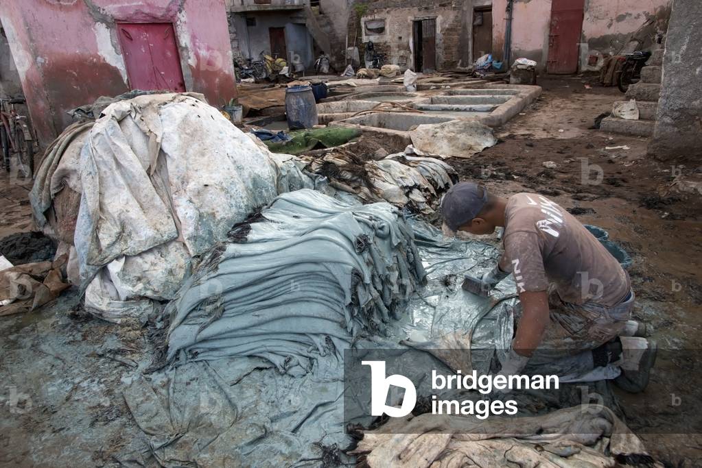 A Man working in a Leather Tannery, Marrakesh, Marrakech-Tensift-El Haouz, Morocco (photo)