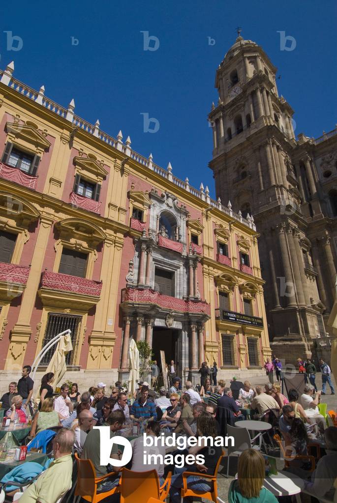 People at Cafe Tables in Square in Front of Cathedral  and Palacio Episcopal, Malaga, Andalucia, Spain (photo)