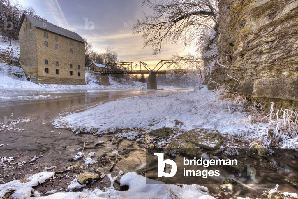 Water flowing into the Turkey River at the Motor Mill State Historic Site, Clayton County, Northeast Iowa, Winter, HDR (photo)