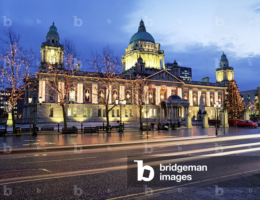 Facade Of A Building Lit Up At Dusk, Belfast City Hall, Belfast, Northern Ireland (photo)